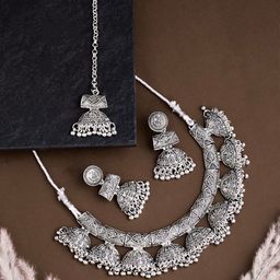 ATIBELLE German Silver-Plated Necklace And Earrings With Maang Tika-image-8