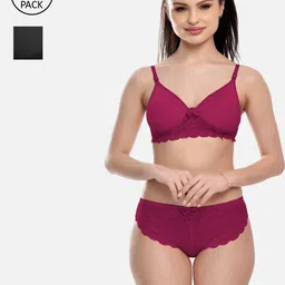 FIMS Women Pack Of 2 Solid Lace Design Lingerie Sets-image-92