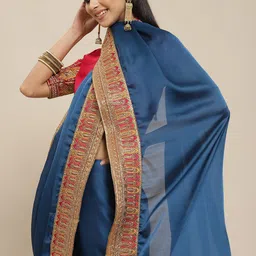 Mitera Navy Blue & Red Solid Gotta Patti Fusion Saree-image-24