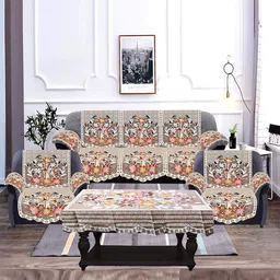 Kuber Industries Brown 17 Pcs Flower Design Cotton Sofa Cover-4