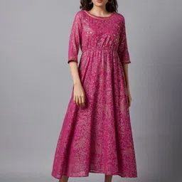 AURELIA Pink Ethnic Motifs Embellished Three-Quarter Sleeves Maxi Dress-17