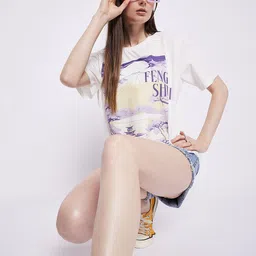 Mast & Harbour White Graphic Printed Oversized Pure Cotton T-shirt-picture-44