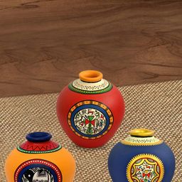 ExclusiveLane Yellow & Red 3 Pieces Printed Terracotta Vases-image-21