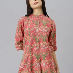 Divena Pink & Green Floral Print Mandarin Collar Roll-Up Sleeves Shirt Style Top-image-101