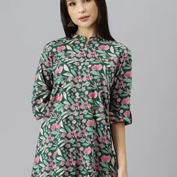 Divena Green & Pink Floral Print Mandarin Collar Roll-Up Sleeves Shirt Style Top-image-55