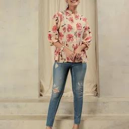 RACHNA Floral Print Mandarin Collar Accordion Pleated Sleeves Shirt Style Top-image-28