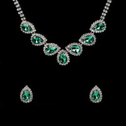 Yellow Chimes Silver-Plated Green Stones-Studded & White Crystal-Studded Jewellery Set-53