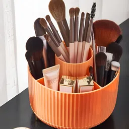 HOUSE OF QUIRK Orange Self Design 5 Slot Desktop 360 Rotating Makeup Organizer-12