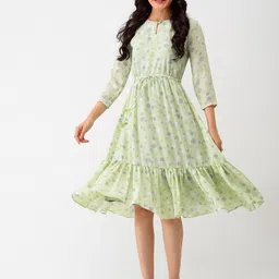AASK Polka Dots Floral Printed Tie Up Crepe A-Line Dress-image-92