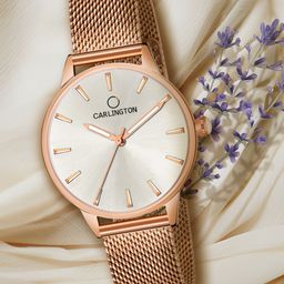 CARLINGTON Women Cream-Coloured Dial & Rose Gold Toned Stainless Steel Bracelet Style Straps Analogue Watch-image-95