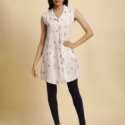 W White & Blue Shirt Collar Printed Ethnic Tunic Top-picture-0