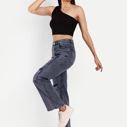 Next One Women Smart Wide Leg High-Rise Light Fade Stretchable Cargo Jeans-image-89