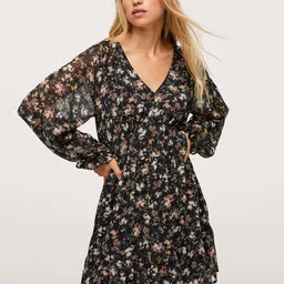 MANGO Women Black & White Floral Printed Tiered Empire Dress-image-34
