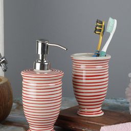 VarEesha Set of 2 Red & White Striped Ceramic Bath Accessories-7