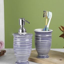 VarEesha Set Of 2 Blue & White Striped Ceramic Bath Accessories-33