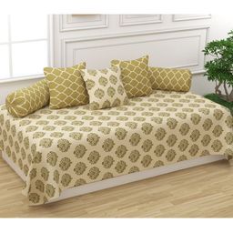 Trance Home Linen Set 6 Green & Beige Pure Cotton Bedsheet 2 Bolsters & 3 Cushion Covers-24