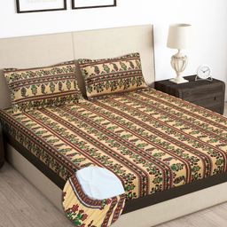 Story@home Arena Beige & Green Printed 180 TC Fitted King Bedsheet & 2 Pillow Covers-image-34
