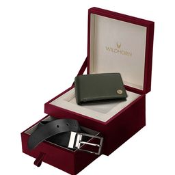 WildHorn Men Green & Black Genuine Leather RFID Protected Wallet & Belt Combo Gift Set-image-41
