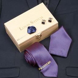 LOUIS STITCH Men Dark Purple Italian Silk Necktie Accessory Gift Set-image-5