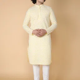 TABARD Men Yellow Embroidered Regular Pure Cotton Kurta with Churidar-49