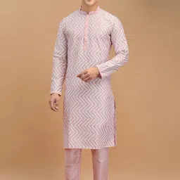 DEYANN Mandarin Collar Chevron Printed Straight Kurta with Pyjamas-image-50