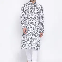 NAMASKAR Men White Printed Cotton Linen Kurta with Churidar-picture-33