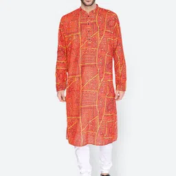 NAMASKAR Men Red Cotton Printed Kurta with Pyjamas-picture-15