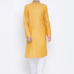 NAMASKAR Men Mustard Yellow Solid Cotton Kurta with Churidar-picture-53