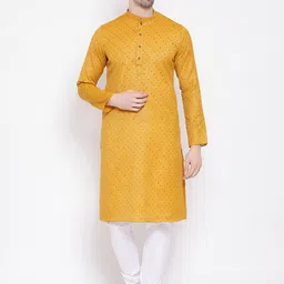 NAMASKAR Men Yellow Cotton Linen Printed Kurta with Churidar-17