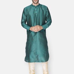 NAMASKAR Men Green Printed Dupion Silk Kurta with Pyjamas-picture-16