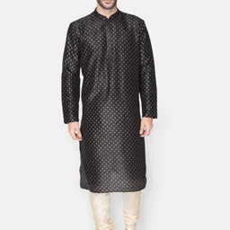 NAMASKAR Men Black Printed Dupion Silk Kurta with Churidar-50