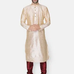NAMASKAR Men Beige Printed Dupion Silk Kurta with Churidar-56