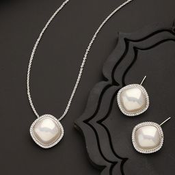 Saraf RS Jewellery Silver-Plated Square Pearl & AD-Stones Studded Minimal Jewellery Set-55
