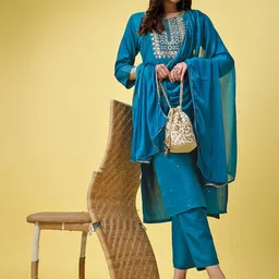KALINI Embroidered Regular Kurta with Trousers & With Dupatta-1