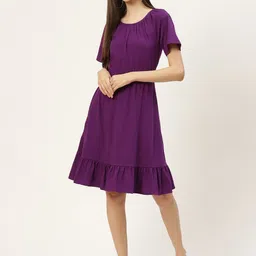 BRINNS Purple Solid Pure Cotton Fit and Flare Midi Dress-image-33