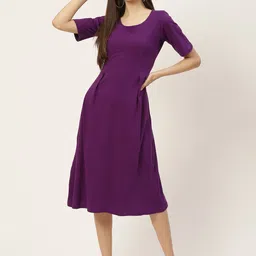 BRINNS Purple Solid Pure Cotton A-Line Midi Dress-image-51