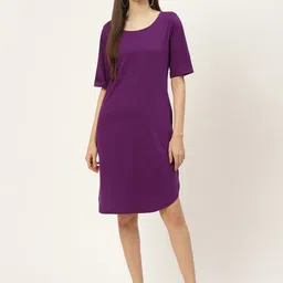 BRINNS Purple Solid Pure Cotton A-Line Midi Dress-image-50
