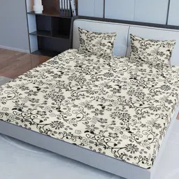 Sangria White & Grey Printed Cotton 200 TC Super King Bed Bedsheet With 2 Pillow Covers-image-66