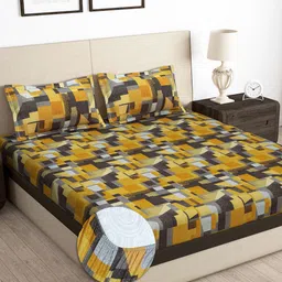 Story@home Mustard & Black Geometric 180 TC Fitted Queen Bedsheet With 2 Pillow Covers-image-88