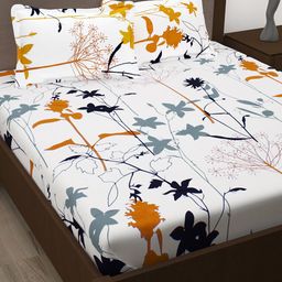 Story@home White & Mustard Floral 186 TC Pure Cotton King Bedsheet With 2 Pillow Covers-image-62