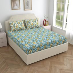 Salona Bichona Blue & Yellow Floral 120 TC King Bedsheet with 2 Pillow Covers-image-54