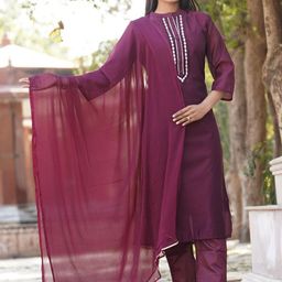 Kesarya Straight Mirror Work Chanderi Silk Kurta with Trousers & Dupatta-29