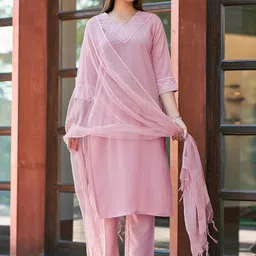 KALINI Ethnic Motifs Yoke Design Thread Work Straight Kurta & Trousers With Dupatta-12