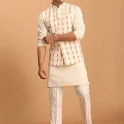 VASTRAMAY Mandarin Collar Regular Pure Cotton Sustainable Kurta With Pyjamas & Nehru Jacket-picture-1