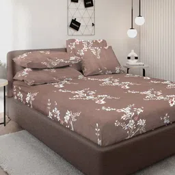 KLOTTHE Brown & White Floral Printed 300 TC Double King Bedsheet With 4 Pillow Covers-16