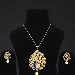 Exotic India Designer Peacock Pendant and Earrings Set with Ruby and Cubic Zirconia-image-10
