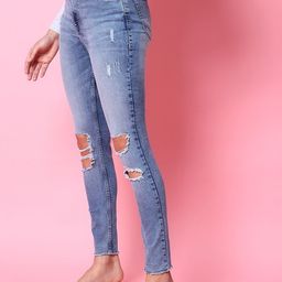 Freehand by The Indian Garage Co Women Blue Slim Fit Highly Distressed Light Fade Stretchable Cropped Jeans-image-91