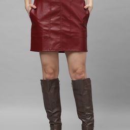 Athena Maroon Solid Leather Straight Skirt-picture-18