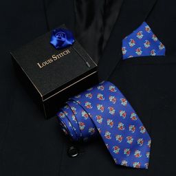 LOUIS STITCH Men Blue Printed Necktie Italian Silk Accessory Gift Set-image-101