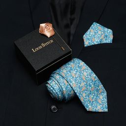 LOUIS STITCH Men Blue Printed Necktie Italian Silk Accessory Gift Set-image-99